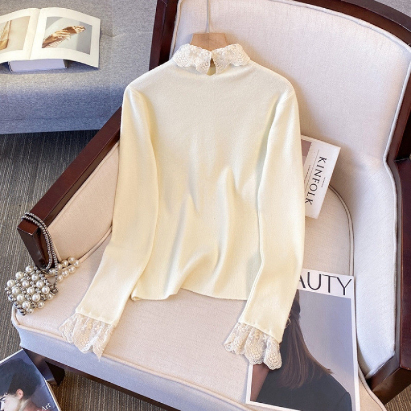 Atasan Kemeja Dasar Rajut Slim Fit Kerah Boneka dengan Patchwork Renda