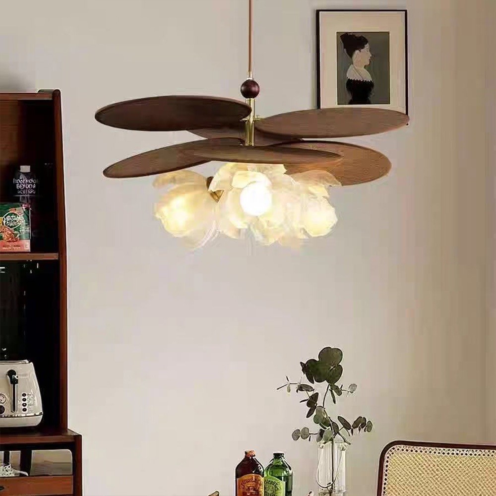 Lampu Gantung Rotan Kelopak Bunga Perancis Lampu Meja Makan Retro Estetik Lampu Plafon Kaca Kitchen