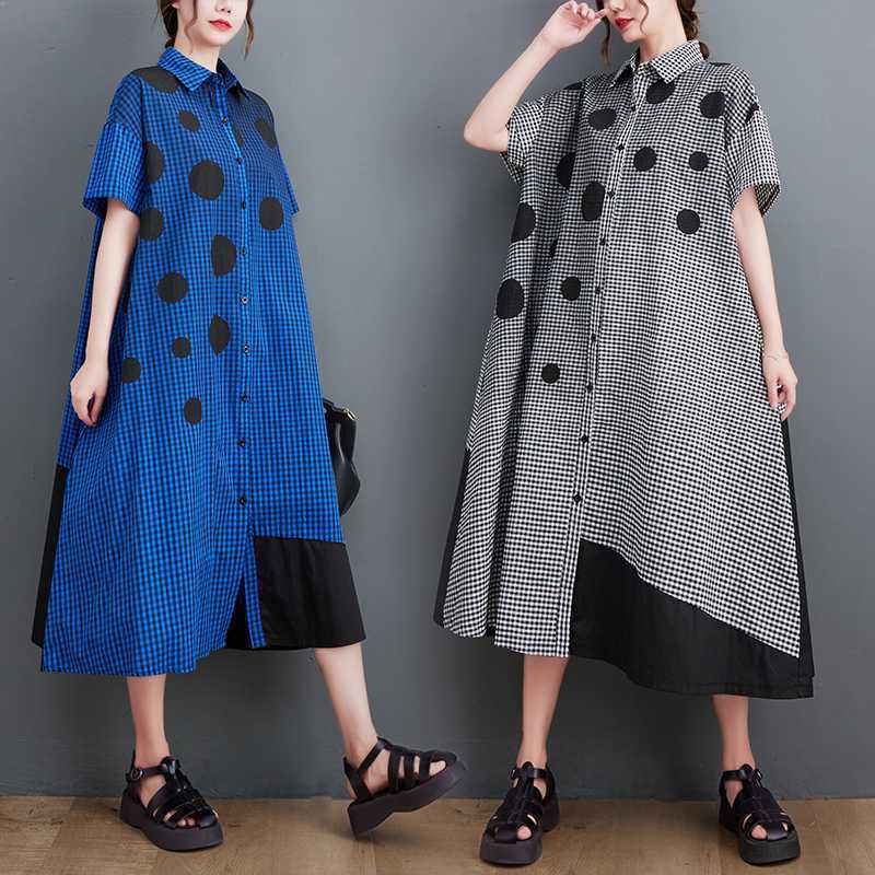 European Version Fashion Dress Casual Plaid Short Sleeve Cotton Linen Polka Dot Shirt Dress