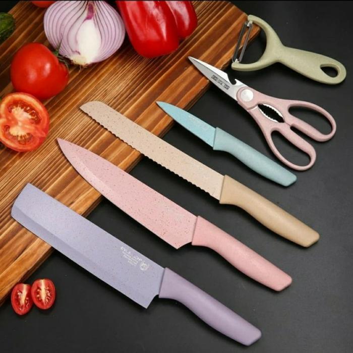 Apik Kitchen set pisau 6 in 1 Stainless Anti Lengket Evcriverh Knife Set 6 warna
