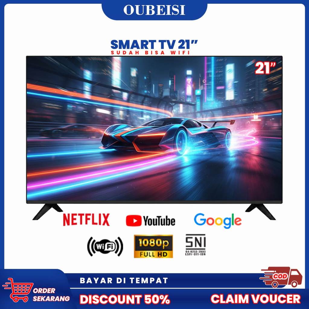 OUBEISI TV LED 21 Inch Smart TV Android 11.0 FHD 1920x1080 Resolusi HDMI VGA USB 2 Speaker Internal 