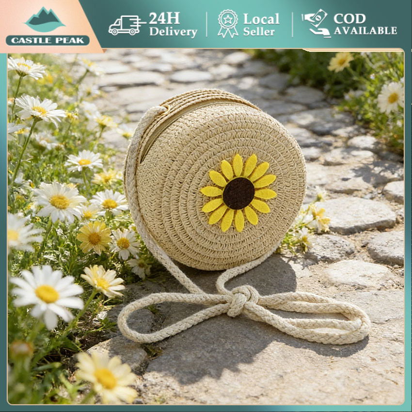 Tas Anyaman Bulat Diameter 12cm Tas Selempang Anak & Dewasa Karakter Bunga Matahari Sling Bag Mini S