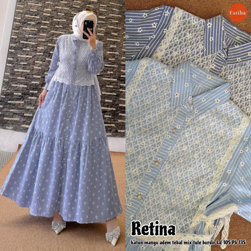 Gamis Retina Bunga Salur Katun Kombinasi Brukat Premium/Terbaru