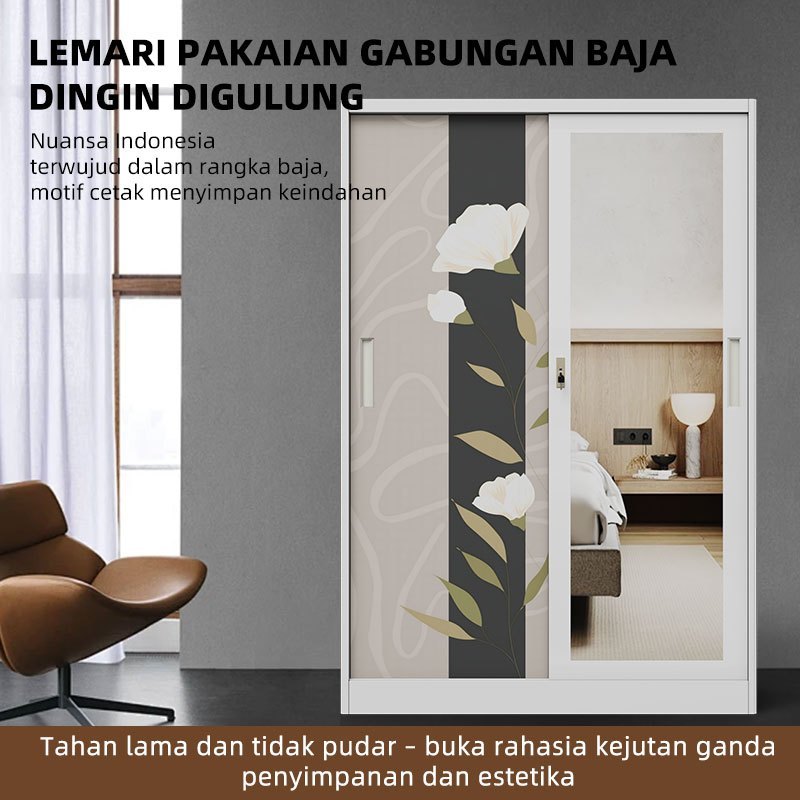 Lemari Pakaian Besi Sliding Cermin Jumbo AMAN BAYI, Anti Rayap & Bau - Free Formalin, Kuat & Awet