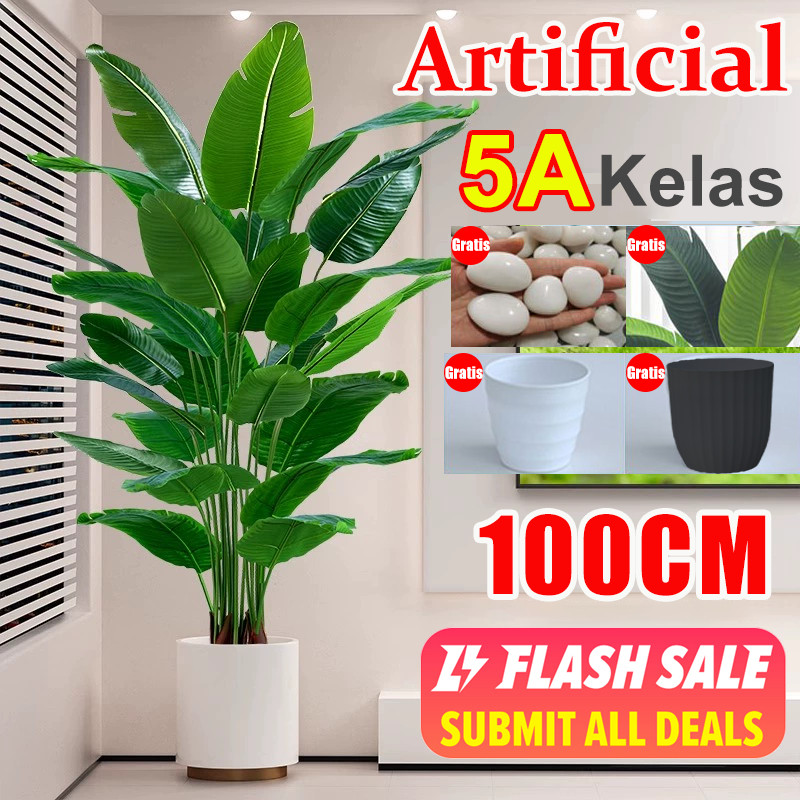 DAUN PALEM PLASTIK POHON 180CM 5AKELAS POHON PISANG ARTIFICIAL DAN POT PALSU DAUN DEKORASI POHON TAN