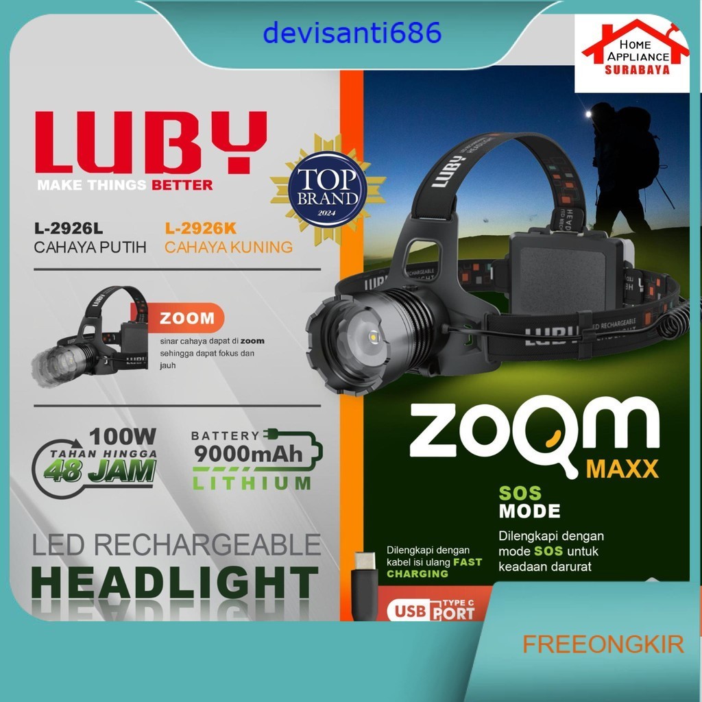 LUBY Headlamp - Senter Kepala LED ZOOM MAXX 100W - 100 Watt Lithium 9000mAh L-2926L Cahaya Putih / 2