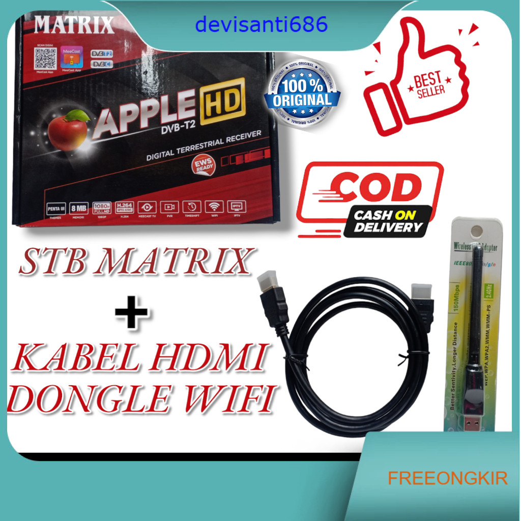 STB SET TOP BOX MATRIX APPLE HD DVB-T2 SATU SET PLUS KABEL HDMI DAN DONGLE WIFI ORI