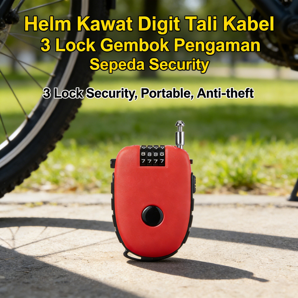 Pengaman Sepeda gembok kabel tali baja gembok Helm gembok kawat Security Lock 3 Digit