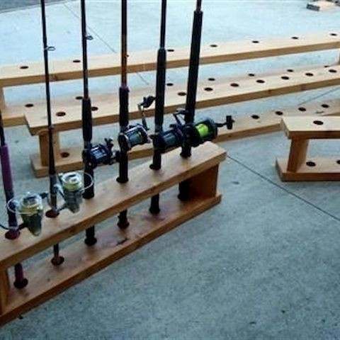 rak penyimpanan joran pancing tegak lurus dari kayu jati Belanda / Rak pancing kayu NR33