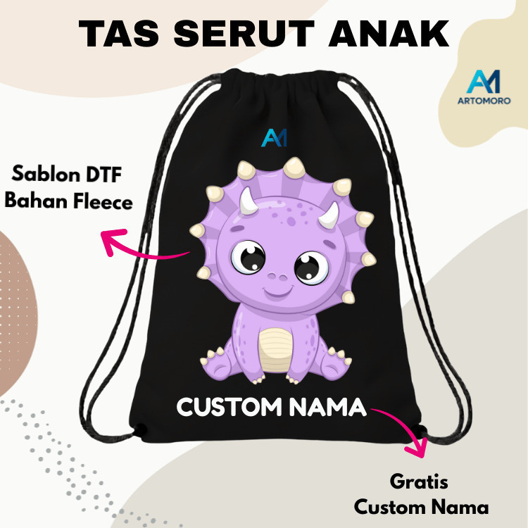Tas Serut Anak Karakter DINO Custom Nama Tas ANAK CUSTOM nama dan gambar Free Custom Nama by