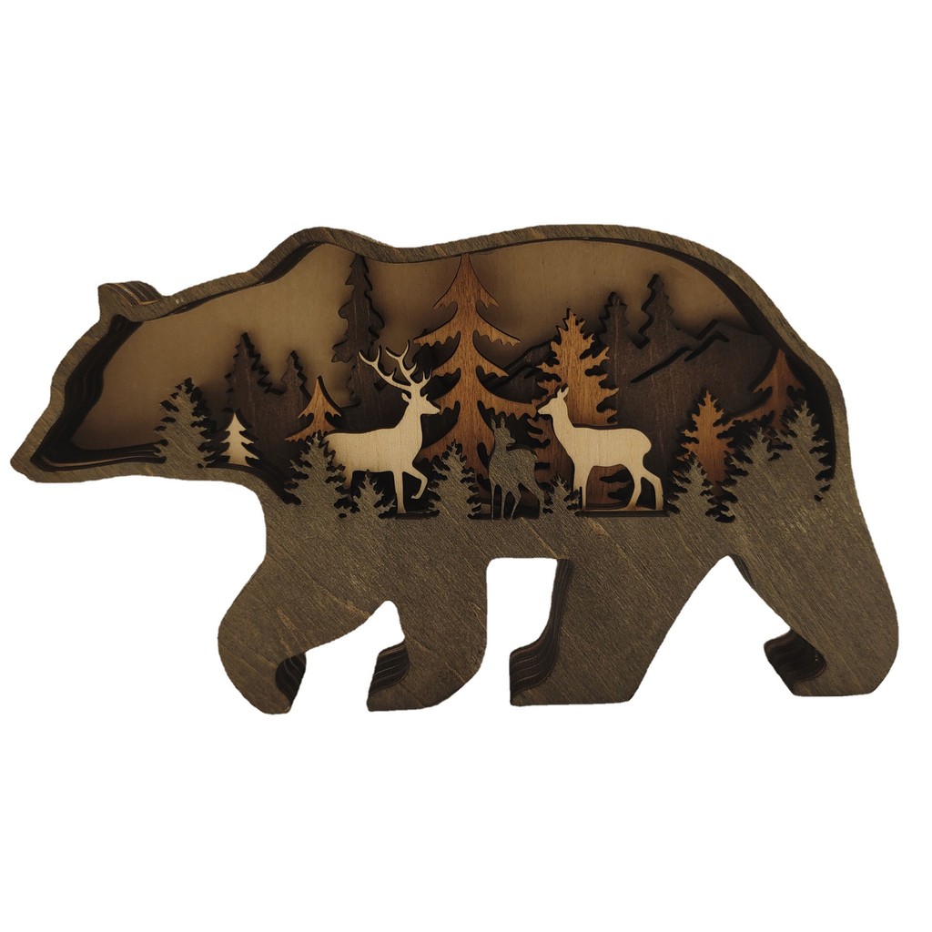 Brown Bear And Wolf Wooden Figurines - North American Wildlife Desktop Carving Crafts Home Decor Orn