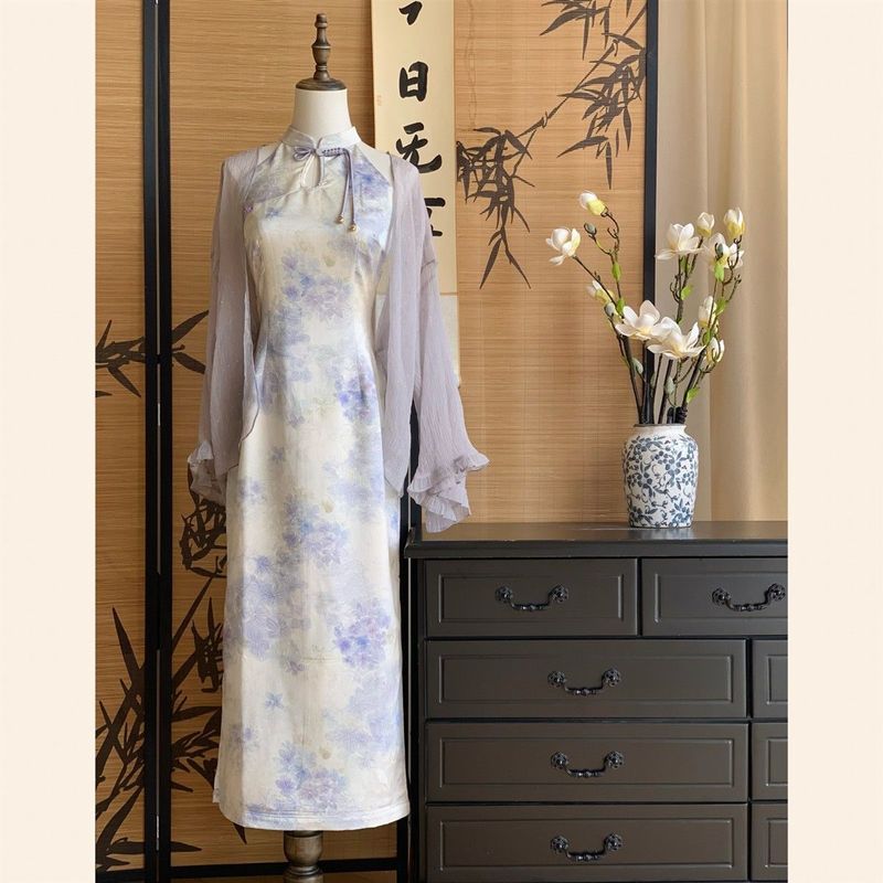 [COD] Gaun Cheongsam Modifikasi Cardigan Ungu Muda Ukuran Plus Set Dua Potong Super Fairy Trendi