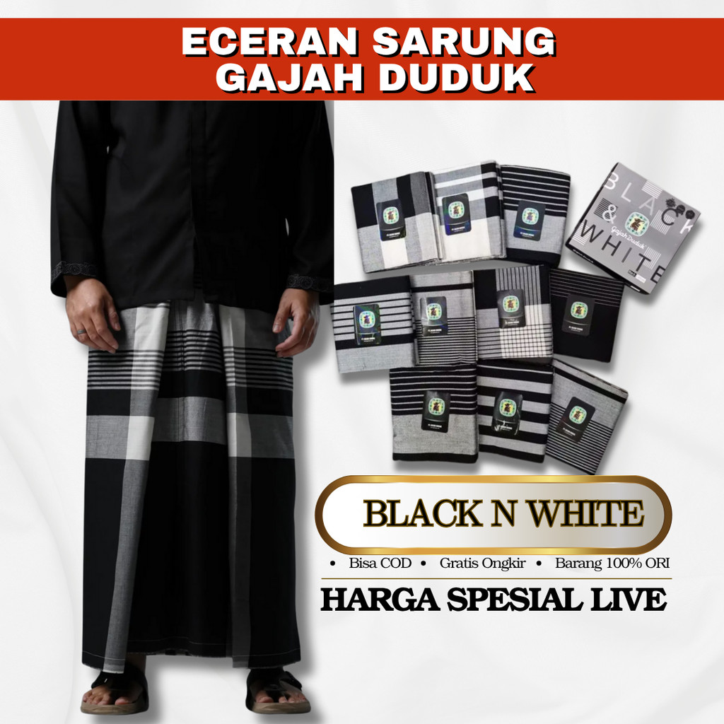 Sarung Gajah Duduk Hitam Putih Black & White | Sarung Tenun Katun Premium Pria Dewasa
