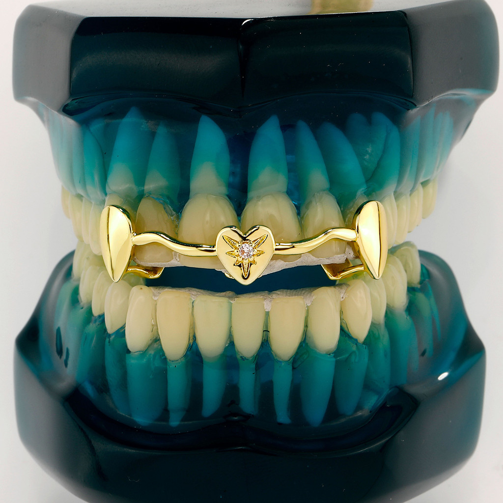 Zirkon besar suka gigi harimau kecil, taring, kawat gigi Natal, hiasan gigi wanita