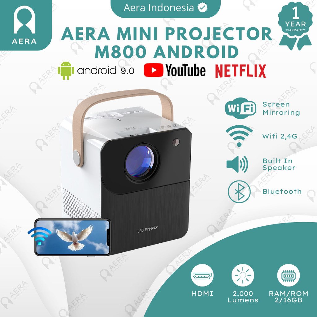 Aera Proyektor Android M800 2000 Lumens Proyektor Portable MIni Android Mirroring HP 1080P