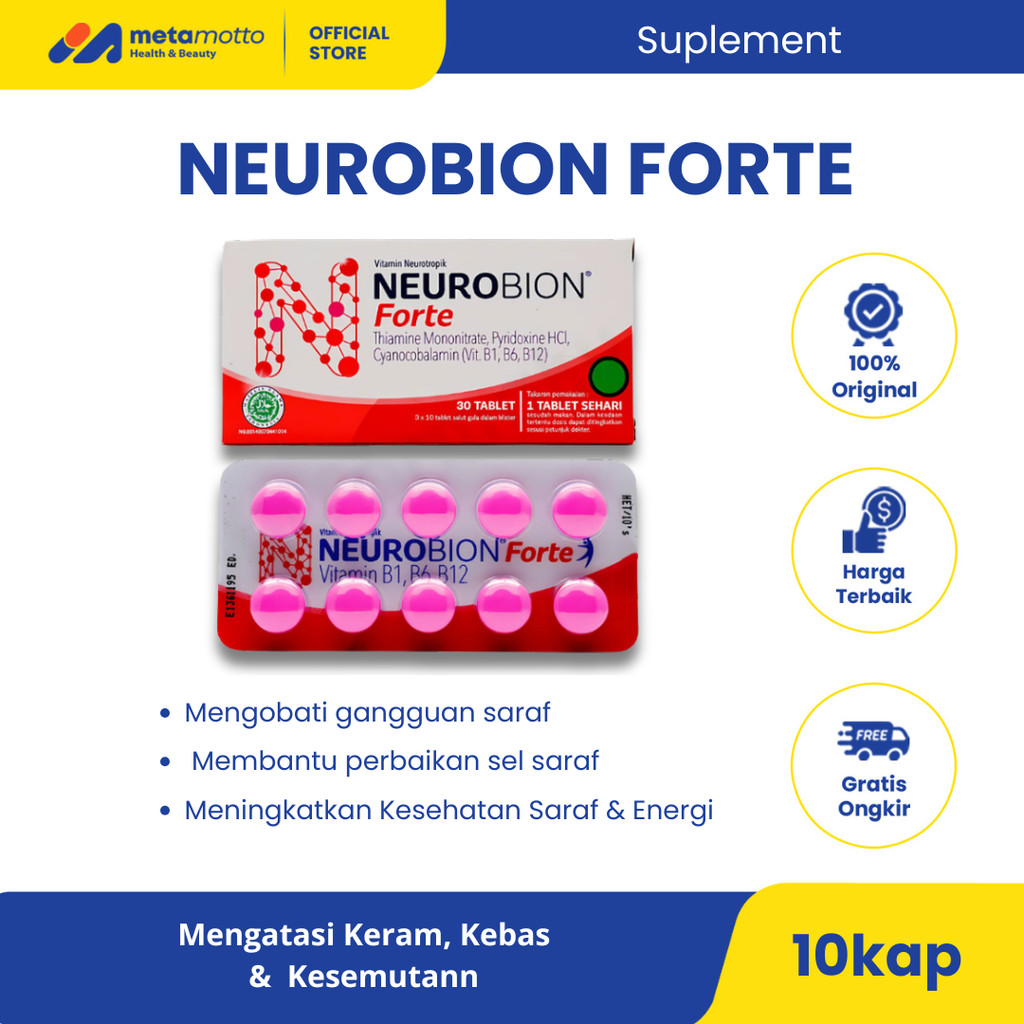 Neurobion Forte 5000mg untuk Kebutuhan Vitamin B1,B6, B12 (1 Strip 10 Tablet) - Metamotto Karya Jaya