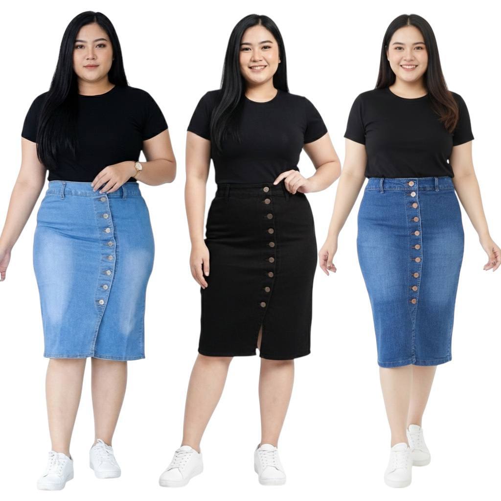 Rok Span Jeans Wanita Jumbo Selina Rok Jeans Pendek Kancing Hidup Rok Jeans Strectch Kekinian