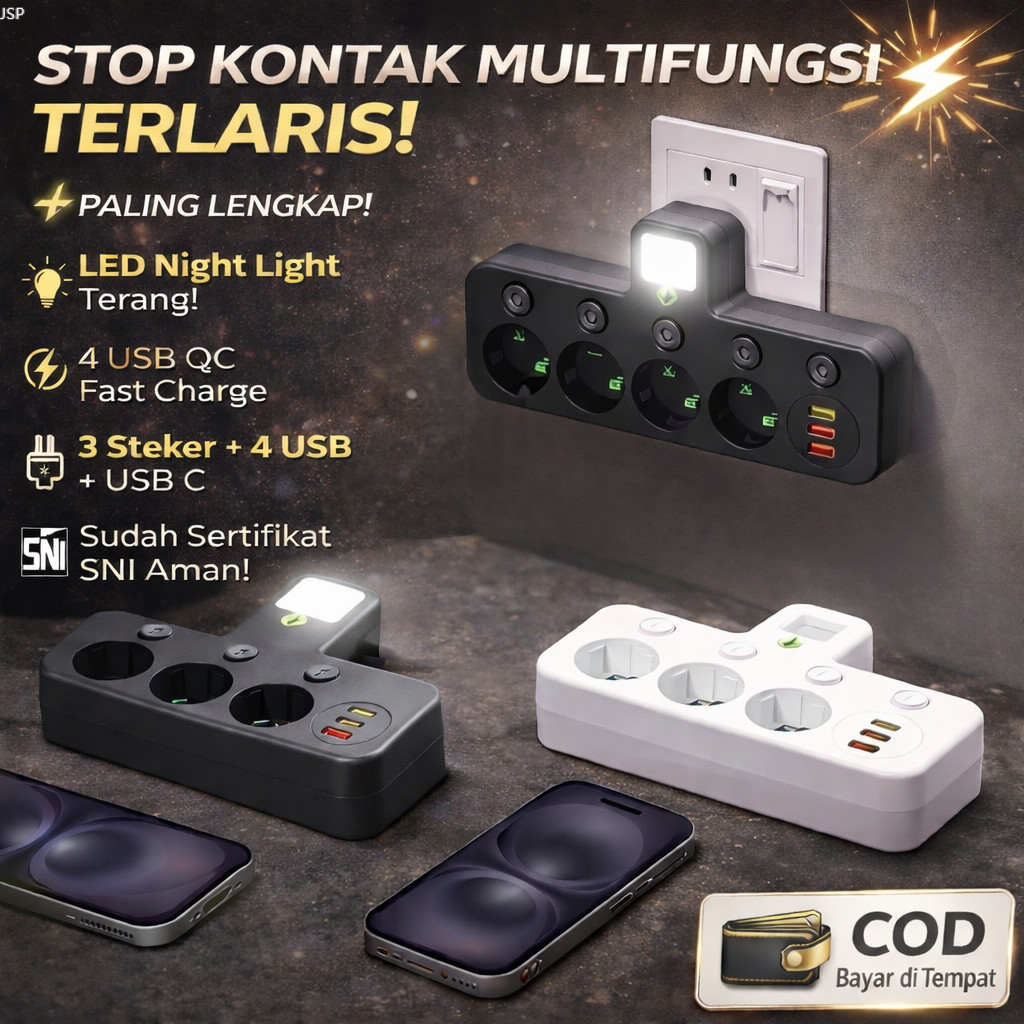 COD Ready Stock | Stop Kontak EU Plug 6 in 1 2500W USB Type-C dengan Lampu Malam | Power Strip Multi