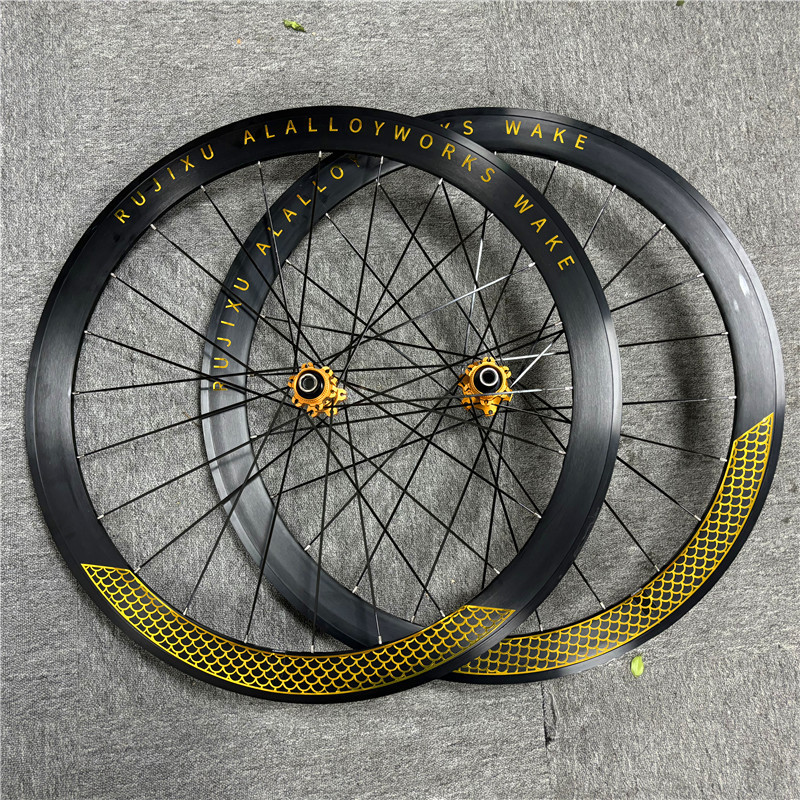 RUJIXU-Aluminum Sealed Bearing Wheelset, Flat Spokes Rims, Disc Brake Wheel, Fish Scale, Gold, Road 