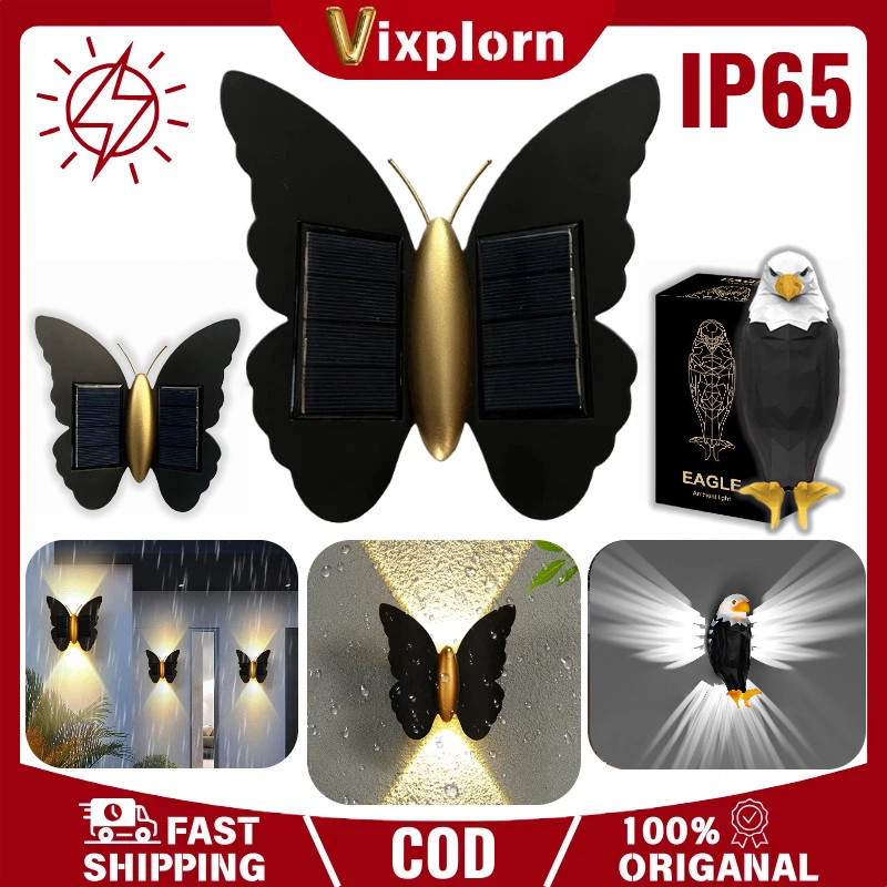 Vixplorn Lampu Dinding Kupu-Kupu Tenaga Surya IP65 Tahan Air Hujan LED Outdoor Sensor Cahaya Dekoras
