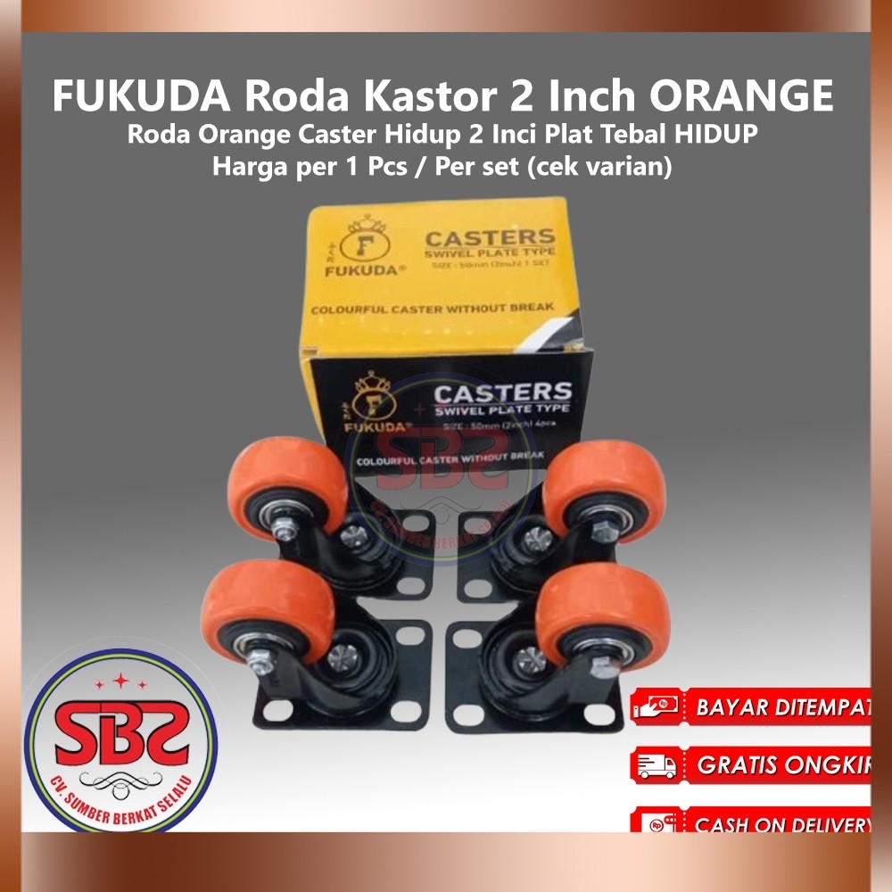 FUKUDA Roda Kastor 2 Inch ORANGE TEBAL Hidup TANPA REM / Castor Swifel Plate Etalase Troli PER SET -