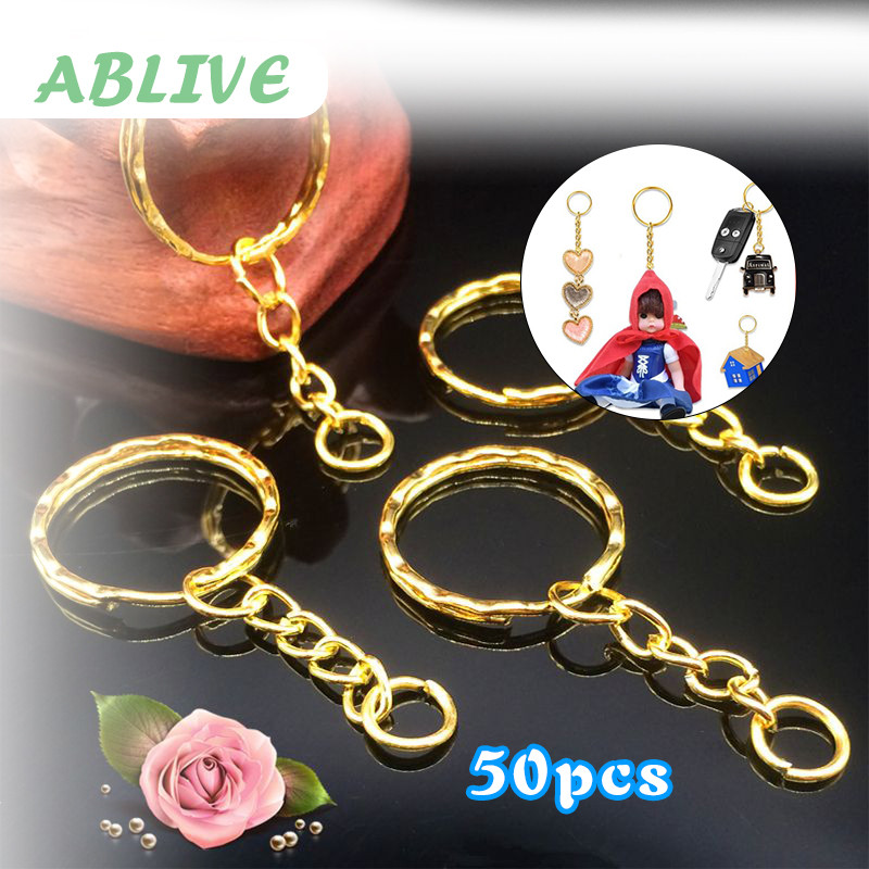 50pcs/Set Ring Gantungan Kunci Gold 25mm Pipih Ring Gantungan Kunci Gepeng Untuk Buat Keychain Diy D