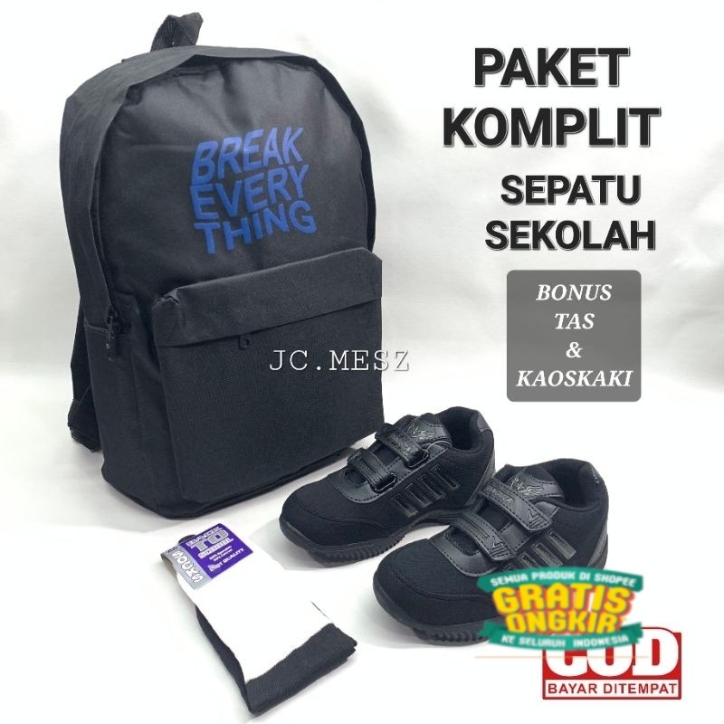 Sepatu Sekolah Anak Warna Hitam Size 28 - Size 37 Bonus Tas Dan Kaoskaki/ merah kuning pink ungu plu