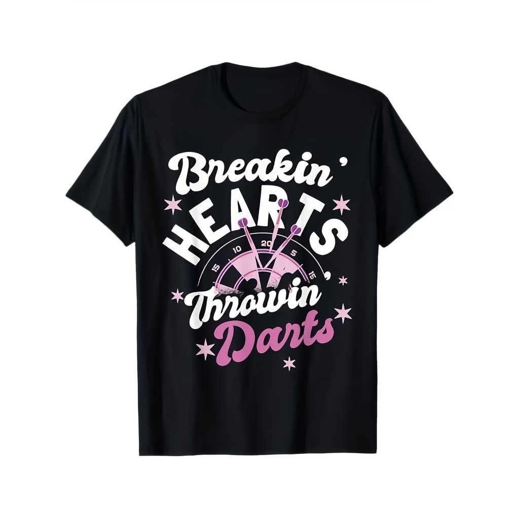 Kaos Wanita Lucu Motif Dart - 'Patah Hati Lempar Dart', Katun Hitam, Sablon Pink Putih, Santai
