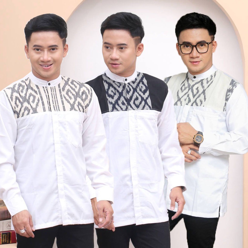 DISKON KEMEJA KOKO LENGAN PANJANG PUTIH KOMBINASI TENUN // KEMEJA KOKO LEBARAN // KEMEJA KERJA KANTO