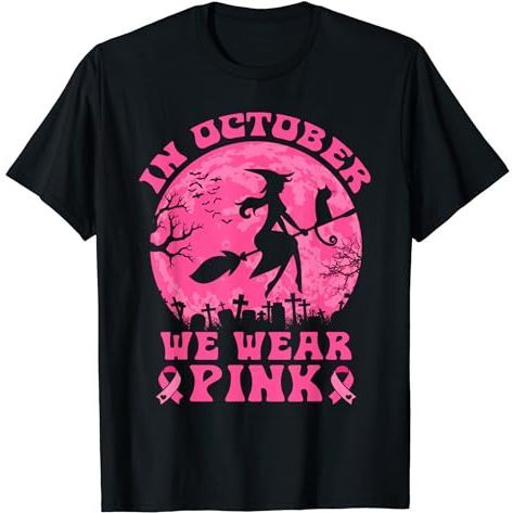 (COD) Baju Kaos Dewasa In October We Wear Pink Witch Halloween Breast Cancer Ribbon T-Shirt