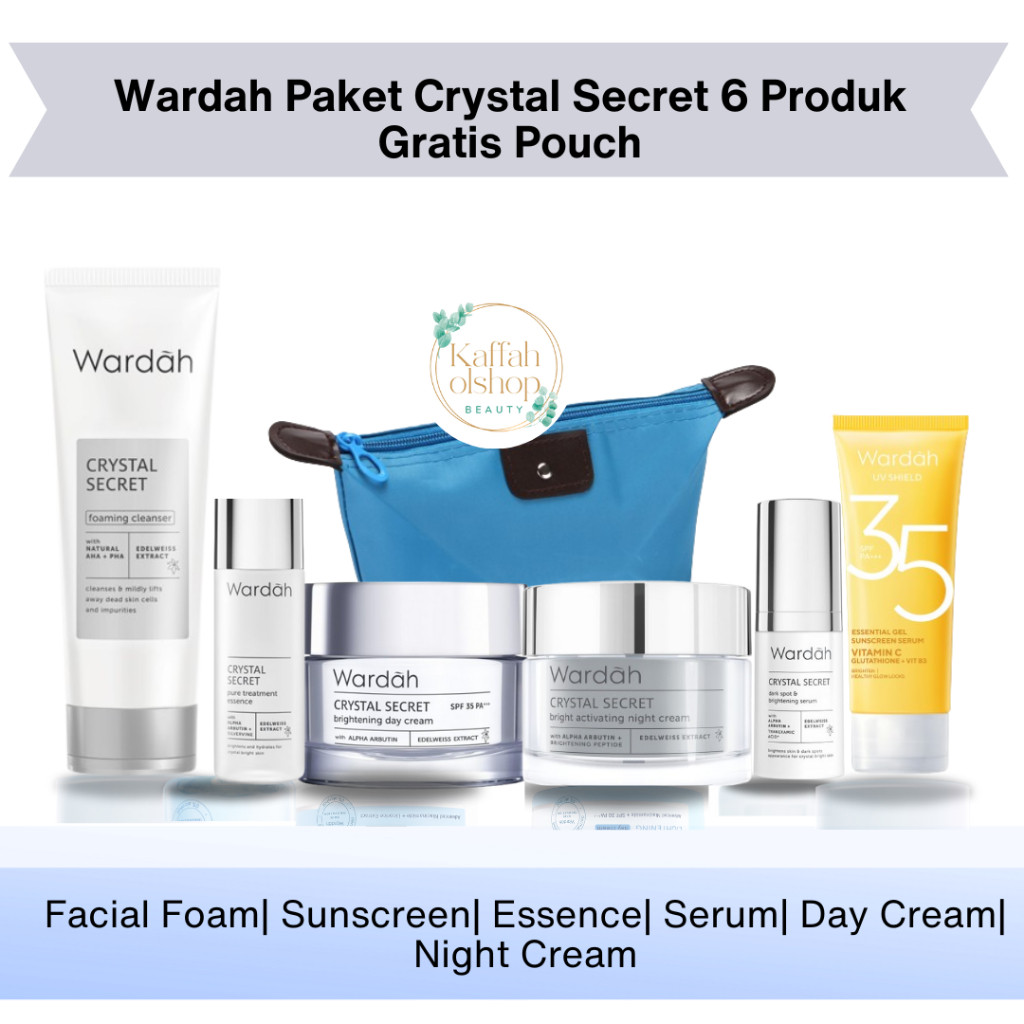 Wardah 1 Paket Lengkap Crystal Secret 6 Pcs, Gratis Pouch Wajah Glowing, Menyamarkan Flek Hitam