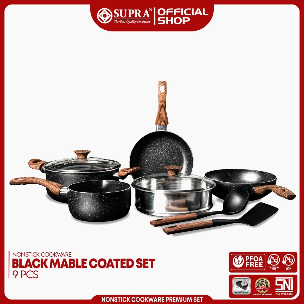 SUPRA Panci Set Anti Lengket 9 Pcs Black Marble Coated