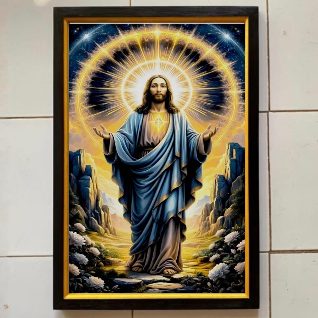 Hiasan dinding lukisan Cetak gambar Tuhan Yesus plus bingkai ukuran 65cmx45cm