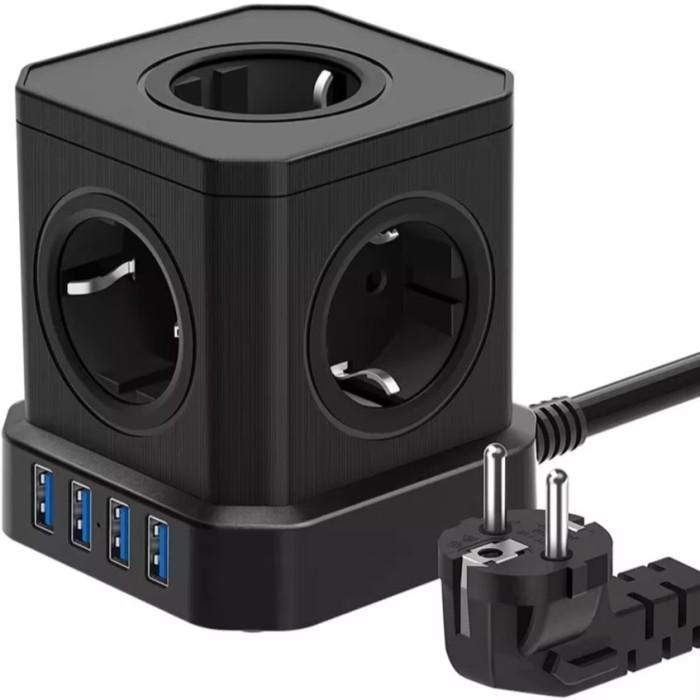 Stop Kontak Colokan Listrik 5 Lubang EU Plug 4 USB Port 3.1 A Power Socket Cube 4000W