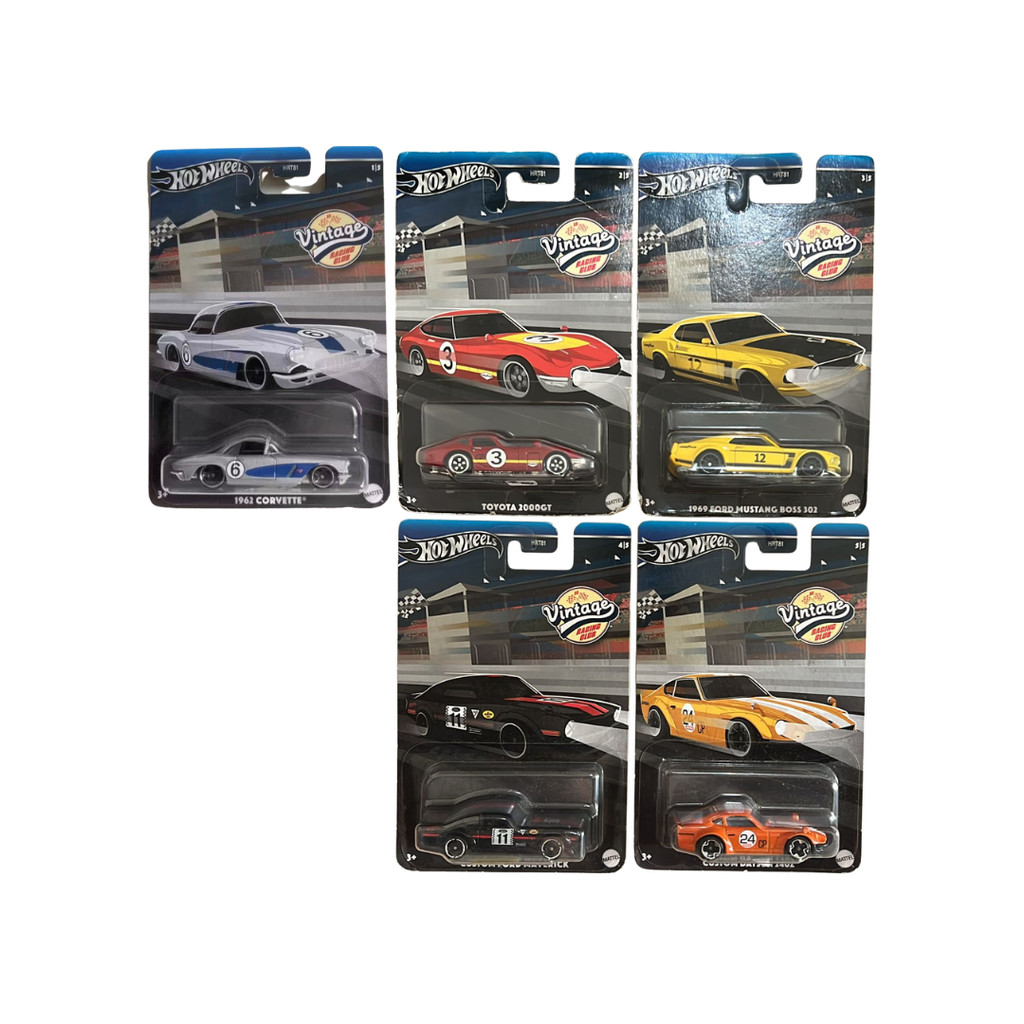 Hotwheels Regular Vintage Racing Club Silver 1962 Corvette, Red Toyota 2000GT, 1969 Ford Mustang, Bl