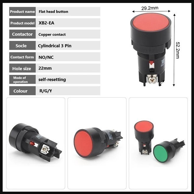 FORT Push On Off Switch Button 22mm Panel Listrik NO NC Hijau Merah Kuning