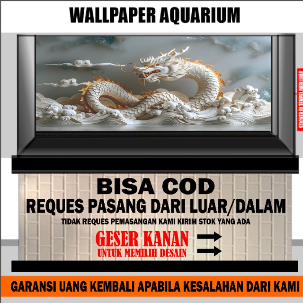sticker aquarium background , wallpaper aquarium motif dragon naga putih
