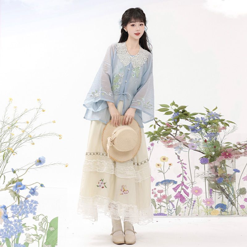 [COD] Hanfu Wanita Atasan Leher Bulat Bordir Atasan Pendek Rok Renda Serbaguna