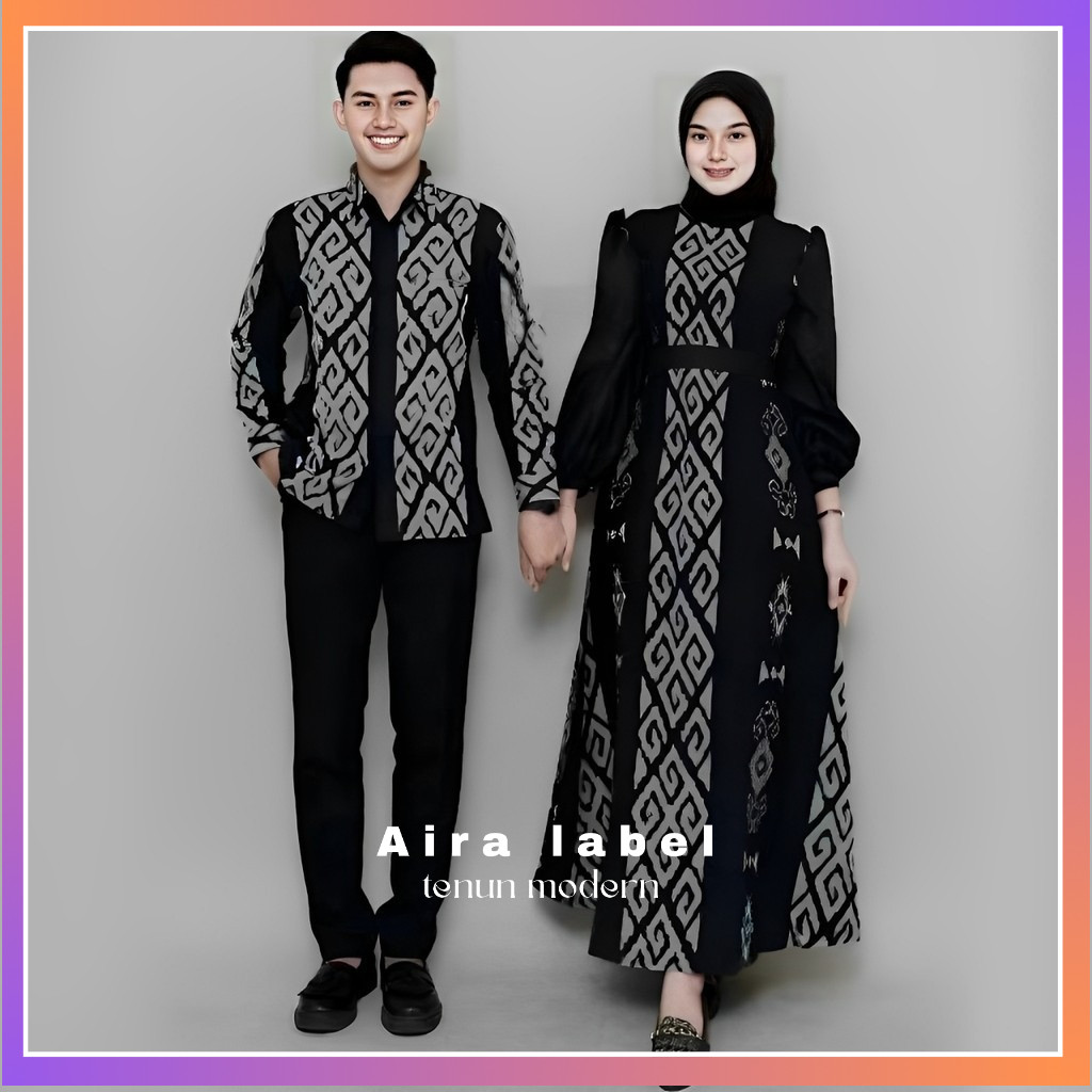 Baju Tenun Couple Hitam Setelan Kondangan Gamis Kemeja Pria Wanita Lebaran Kekinian Modern Azzahra T