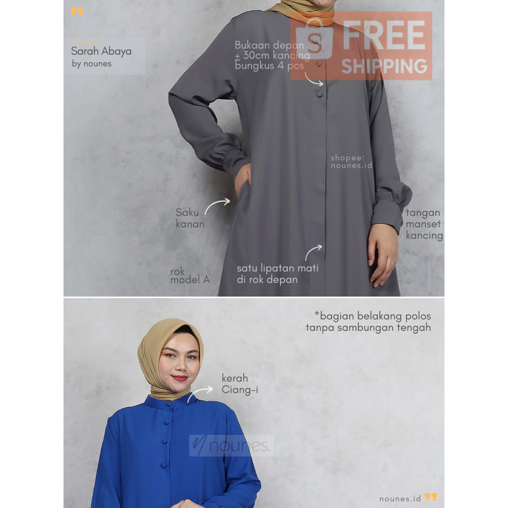 Nounes Sarah Abaya Dress Gamis Polos Wanita Manset Kancing Matt Wolfis Grade Apakaian wanita lainnya