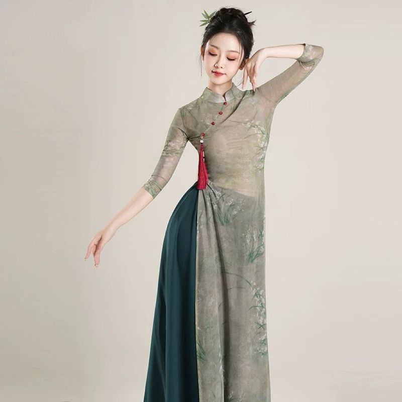 [JINXIU] Gaun Dansa Klasik Baru Gaya Cina Gauze Wanita Tari Cina Gaun Kostum Cheongsam Kostum Dansa