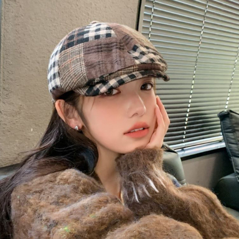 Perhiasan Kenangan Ratu COD  Topi Baret/Topi Newsboy Kotak-kotak Retro