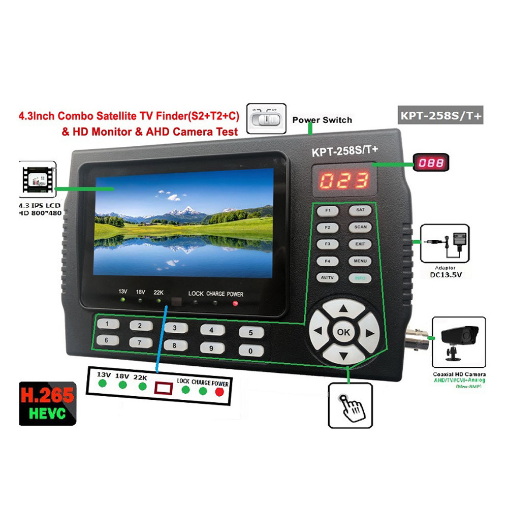 KPT-258ST HD+AHD DVB-S2 DVB-T/T2 DVB-C Combotest cctv camera DVB-T/T2 DVB-C Combosatellite Finder me