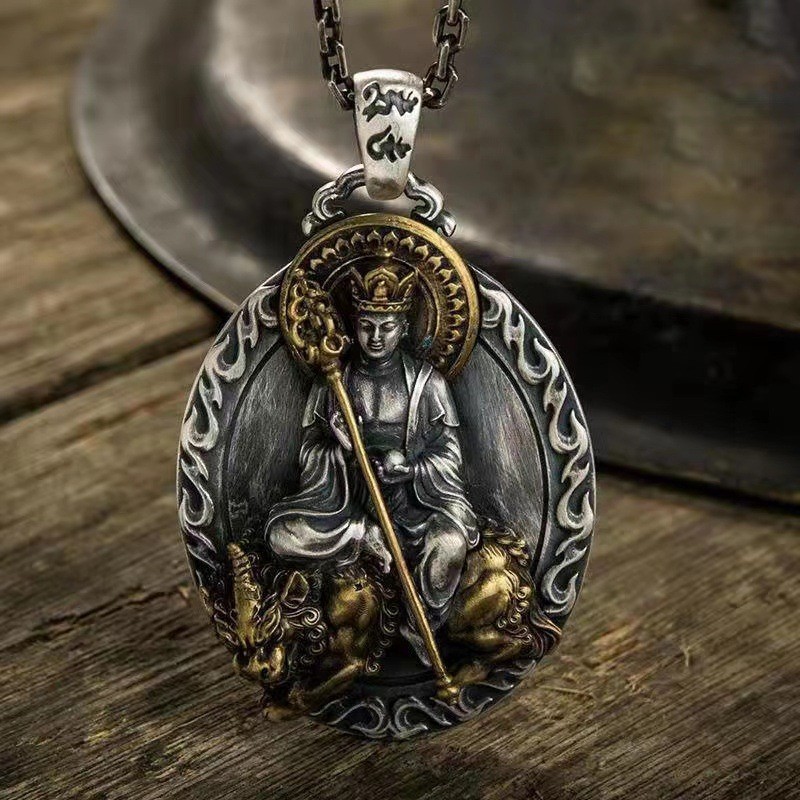 Kalung Pria Vintage Perak Thailand Ksitigarbha Bodhisattva dan Manjushri Bodhisattva
