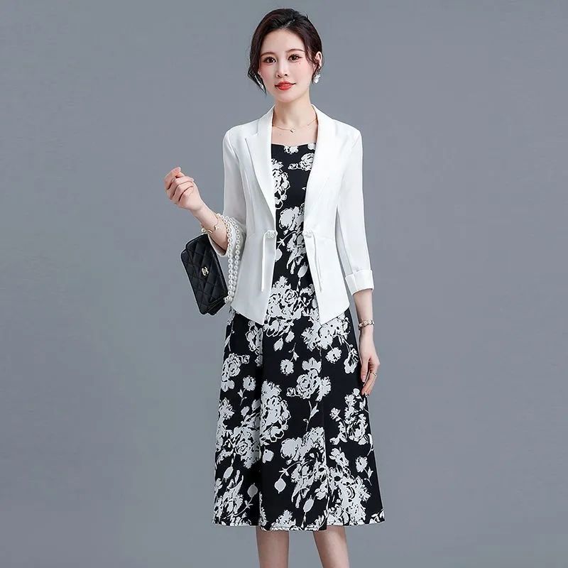 Set dua potongan santai modis: Dress panjang motif bunga tank top tali + blazer jas wanita model bar