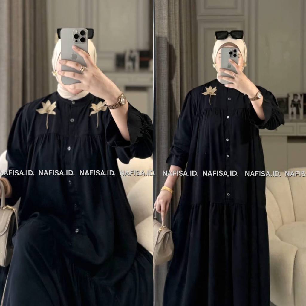 Nagita Dress Gamis Rayon Twill Motif Bunga Bordir
