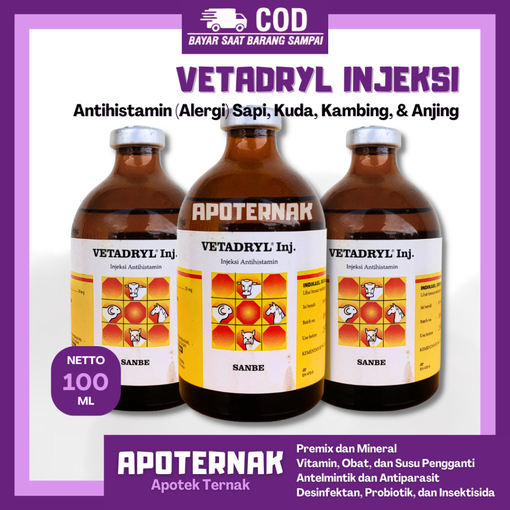 VETADRYL 100ml INJEKSI - Obat Alergi Makanan Lingkungan Obat Pada Ternak Sapi Kambing Anjing Kucing 