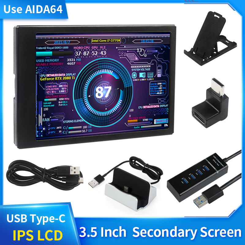 3.5 In Type-C Secondary Screen AIDA64 LCD splay CPU GPU RAM Monitoring Optional USB-C Base Sub-Scree