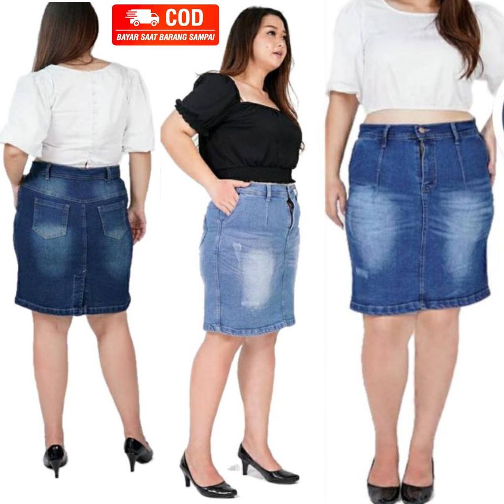 Rok Span Jeans Pendek Jumbo Rok Mini Wanita Stretch Pinggang Kancing Rok Denim Selutut
