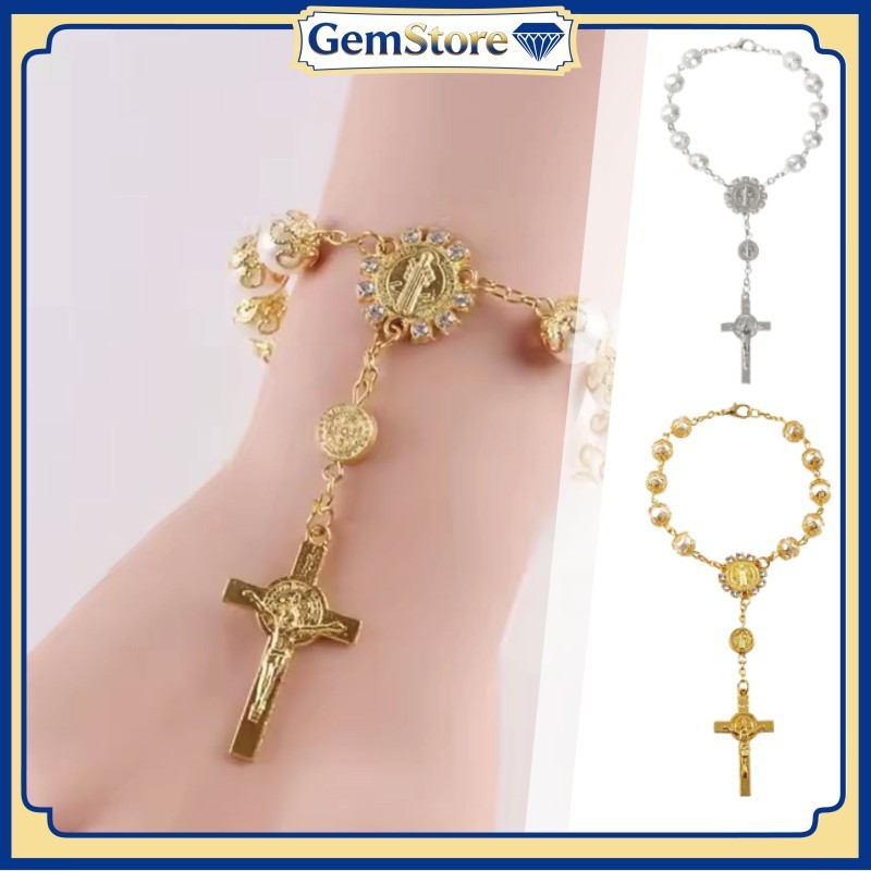 Gelang Rosario Katolik 8MM Liontin Salib Perak Antik Untuk Ibadah Rosario Dan Koleksi Pribadi Wanita